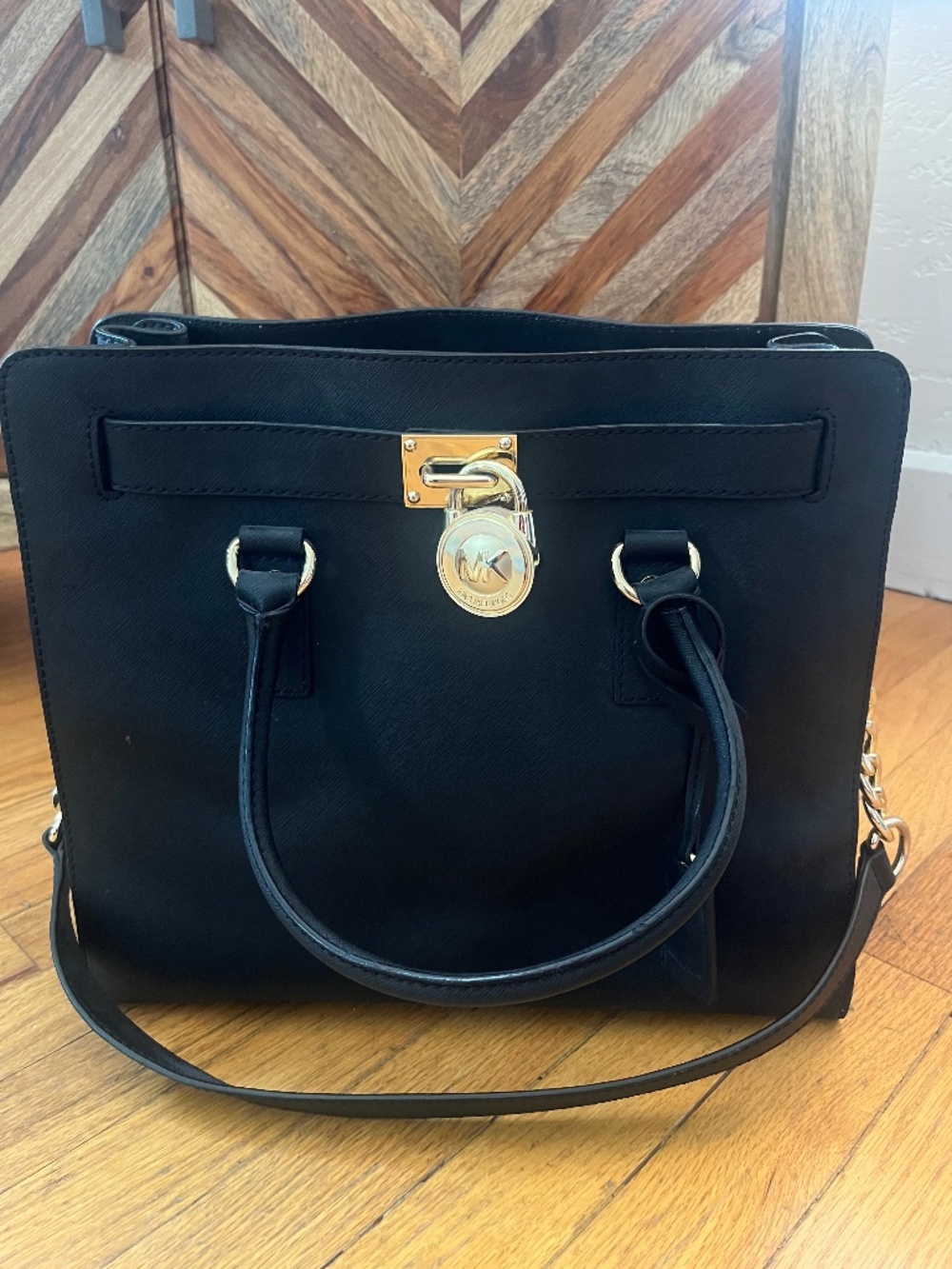 Michael Kors Black Hamilton Satchel with signature gold-tone hardware